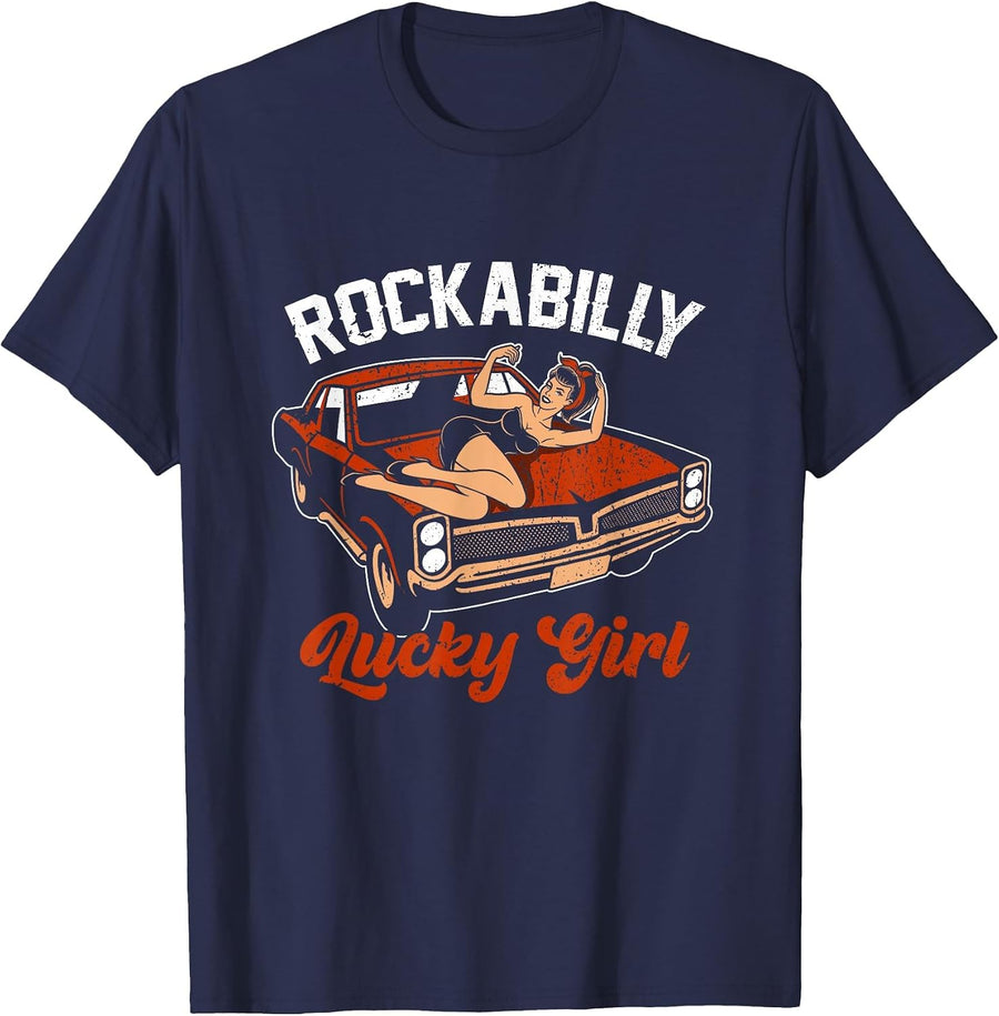Rockabilly Lucky Girl Classic Old Car Retro Pin Up Girl T-Shirt - Navy Blue