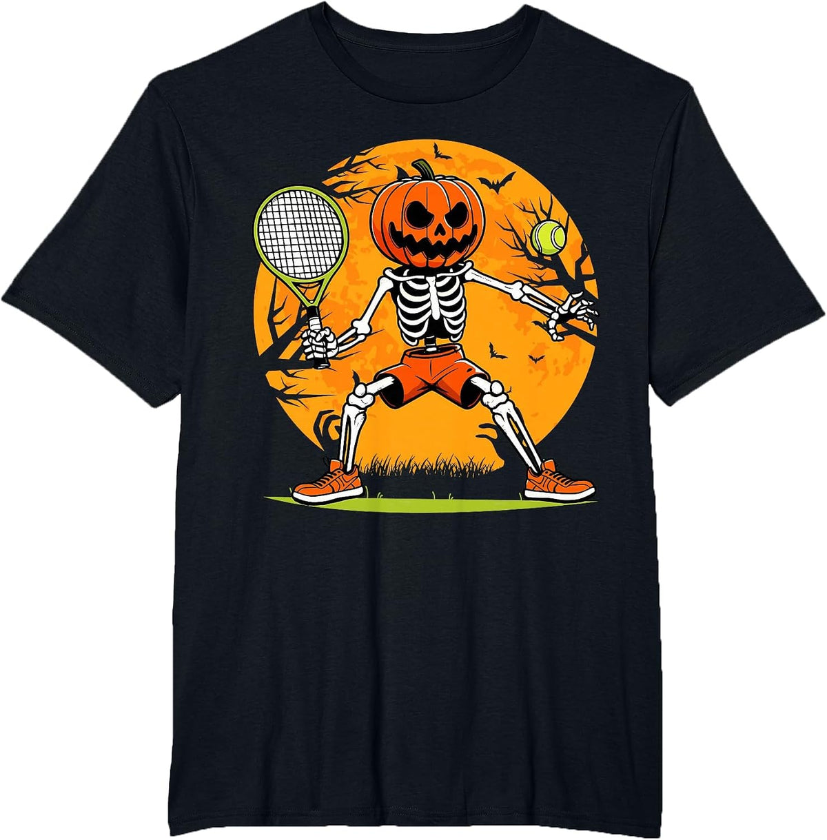 Halloween Tennis Pumpkin Head Skeleton Tennis Halloween T-Shirt - Black
