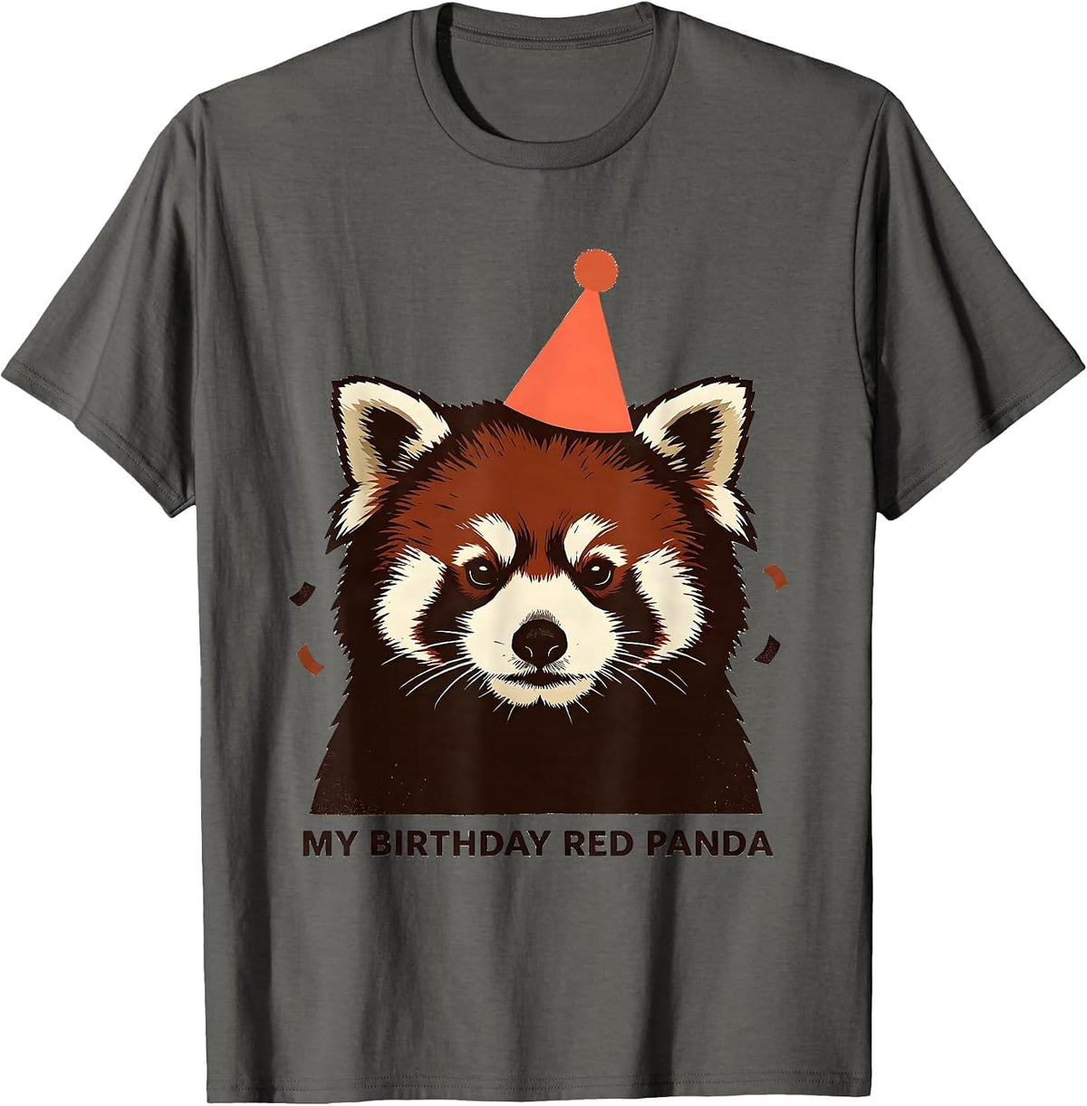 My Birthday Red Panda Cute Linocut Birthday Party Hat T-Shirt - Asphalt Grey