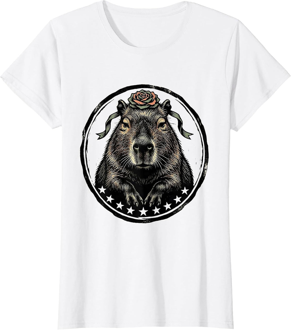 Seated Capybara Linocut Sarcastic Humor Novelty T-Shirt - White