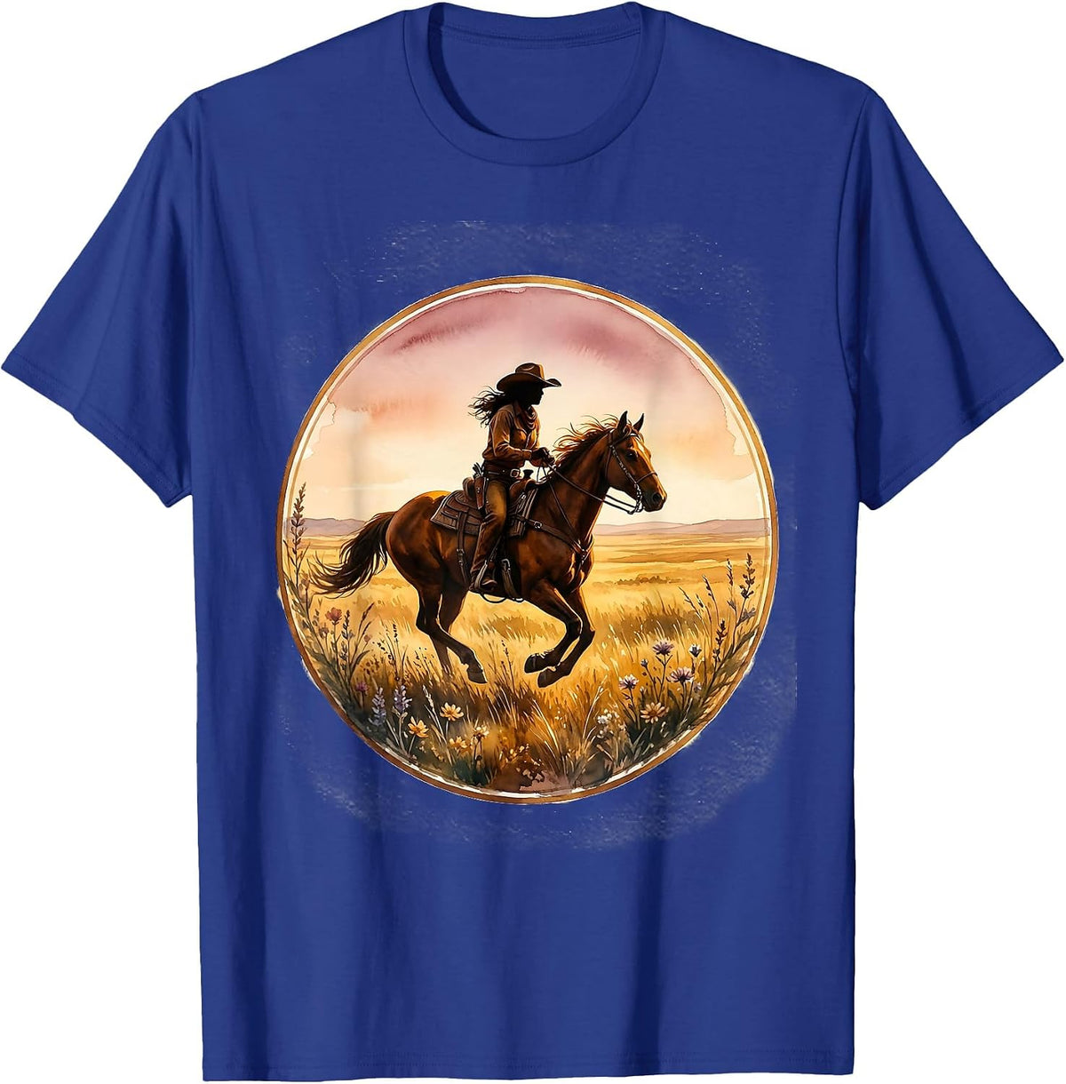 Cowgirl Riding Horse Golden Grassland Texas T-Shirt - Royal Blue