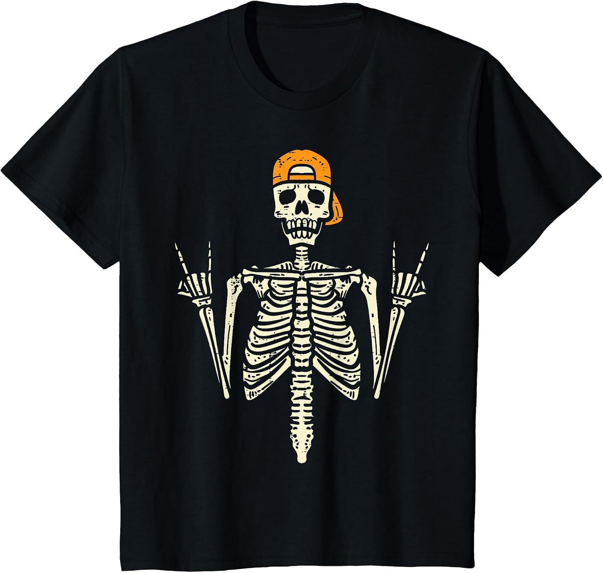 Rocker Skeleton Cap Skater Cool Halloween Punk Rock Men Boys T-Shirt - Black