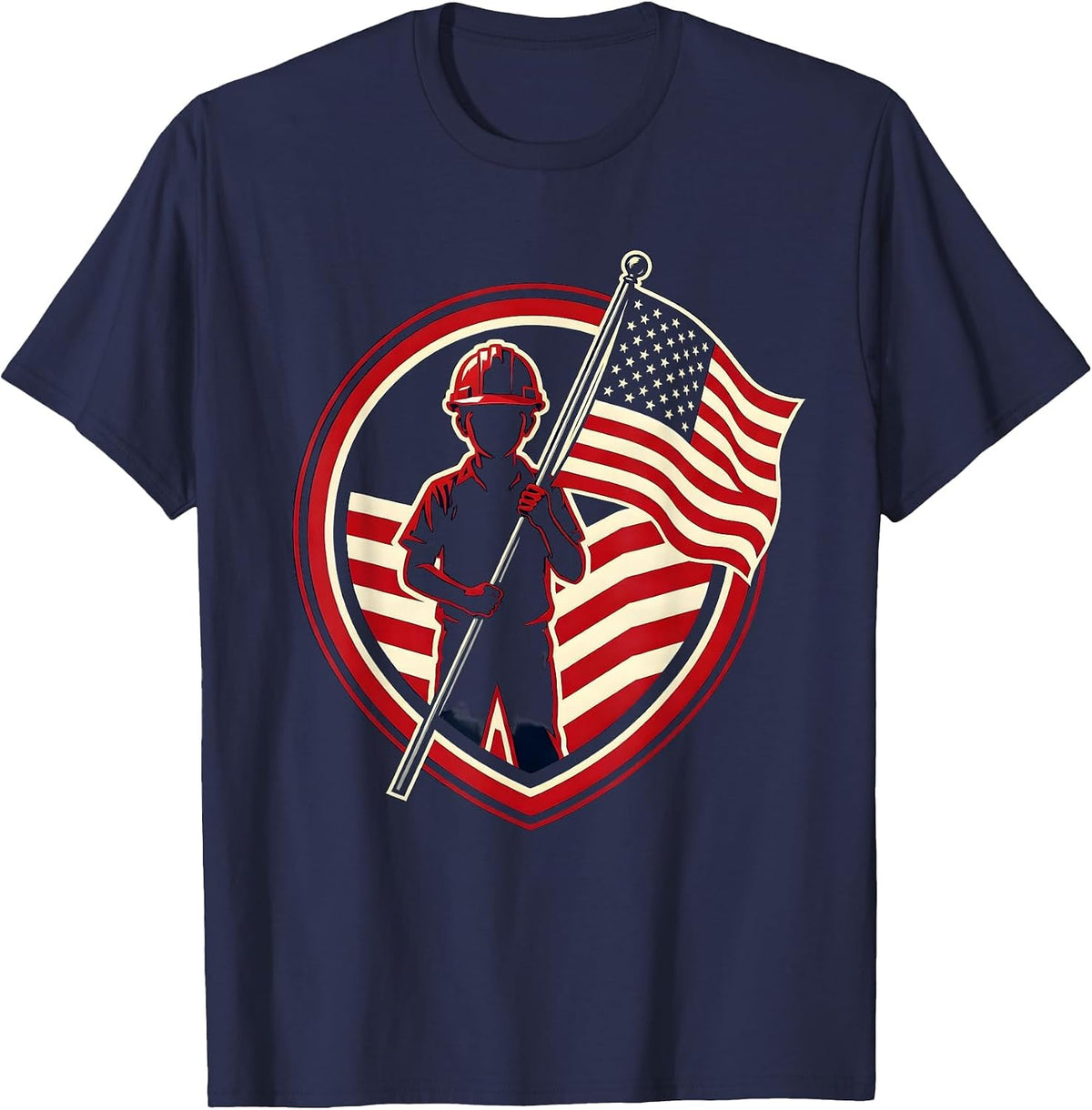Young Patriot Boy Hardhat American Flag Illustration T-Shirt - Navy Blue