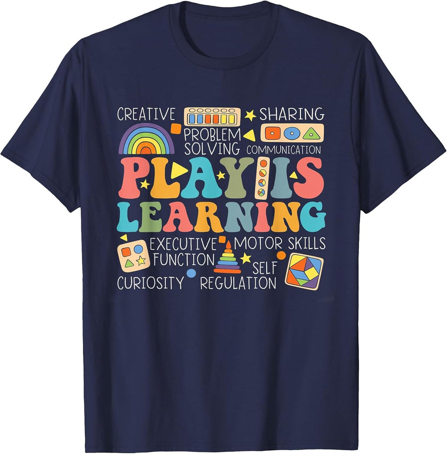 Groovy Play is Learning Kindergarten Teacher Appreciation Tee T-Shirt Gift for Educators - Navy Blue