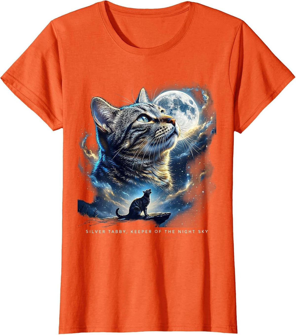 Silver Tabby, Keeper of the Night Sky Cosmic Retro Cat Lover T-Shirt - Orange