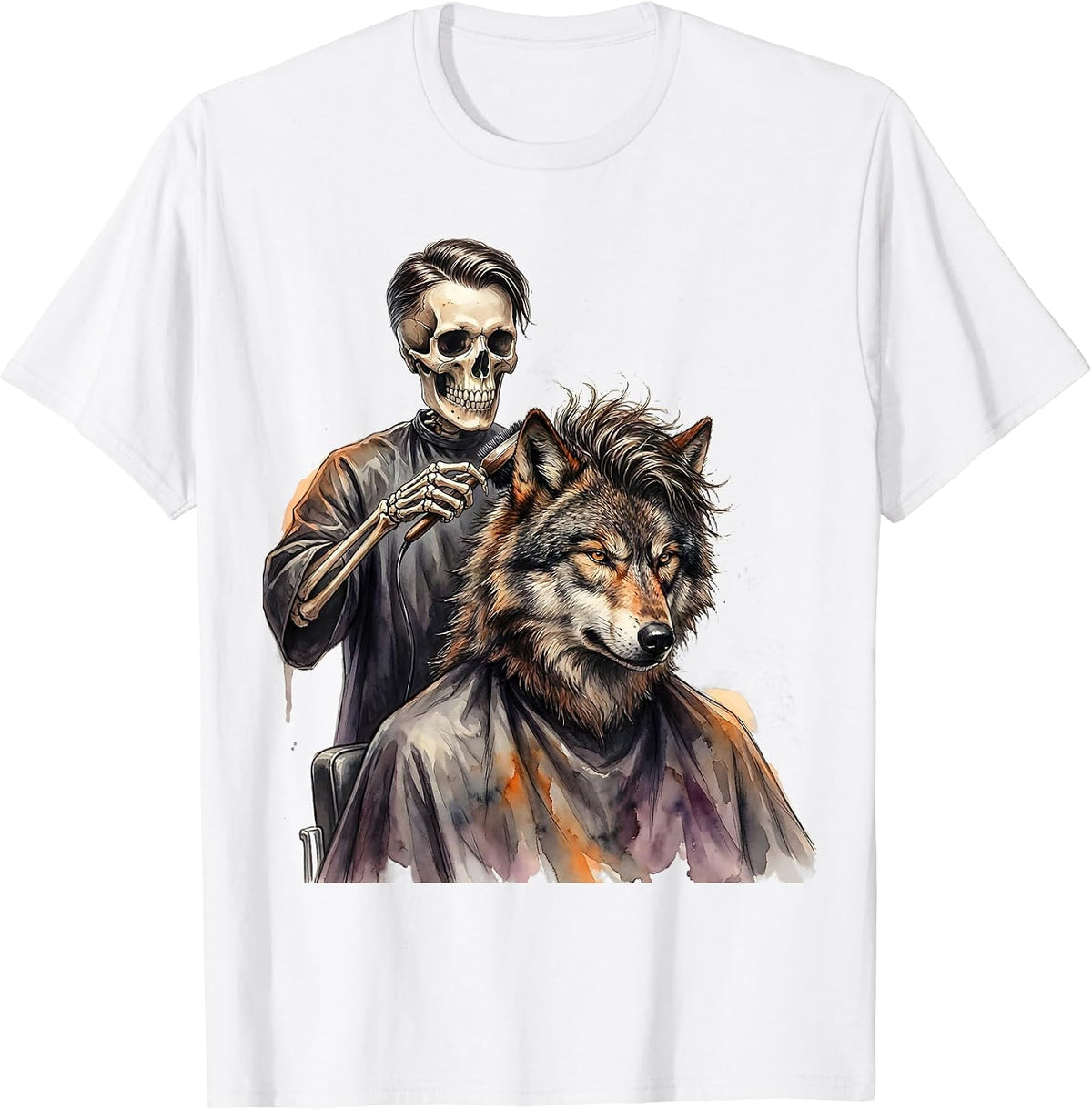 Men's Watercolor Skeleton Stylist Halloween Hair Stylist Humor T-Shirt - White