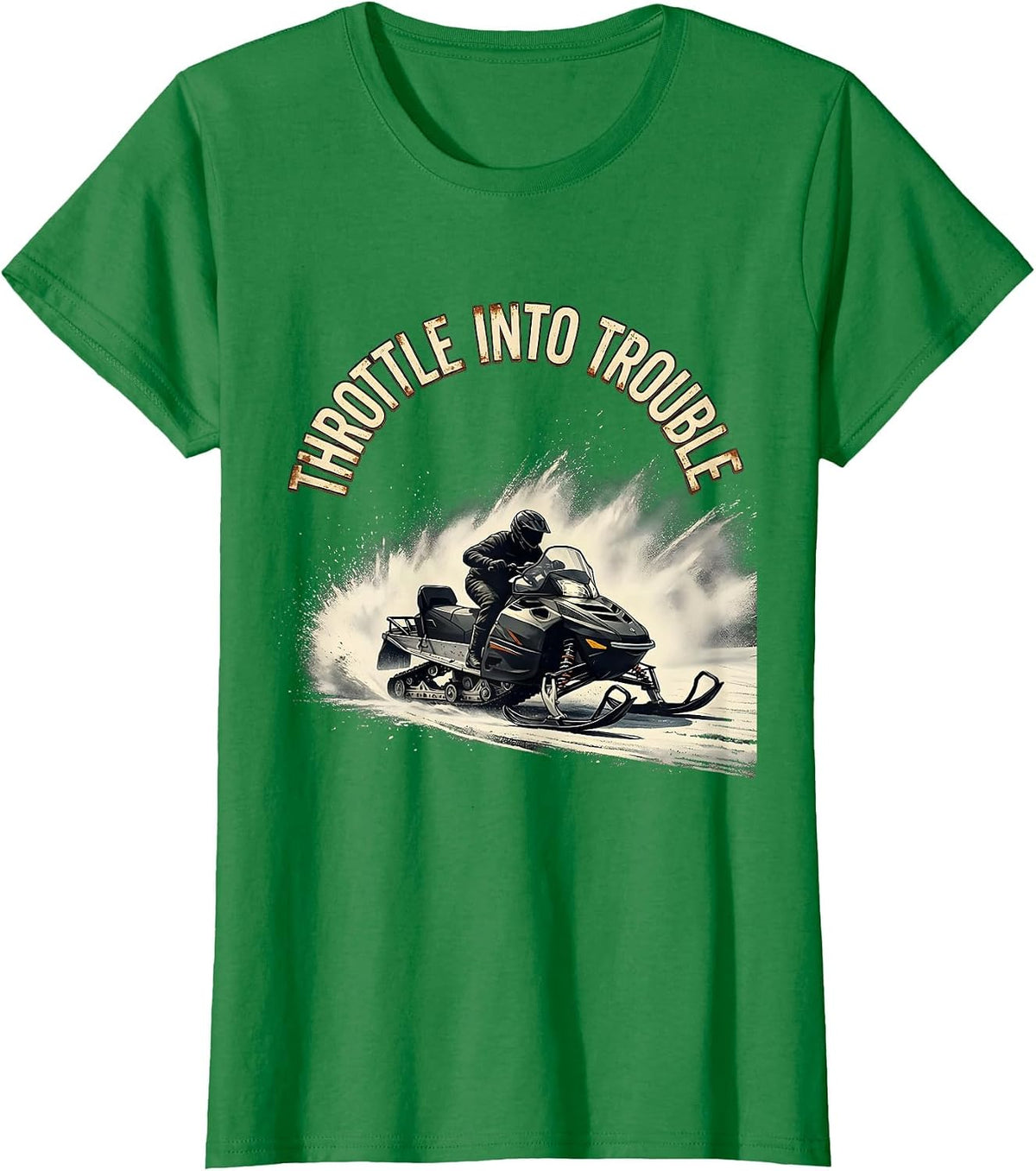 Throttle Into Trouble Vintage Snowmobile Rider Winter Sports T-Shirt - Kelly Green