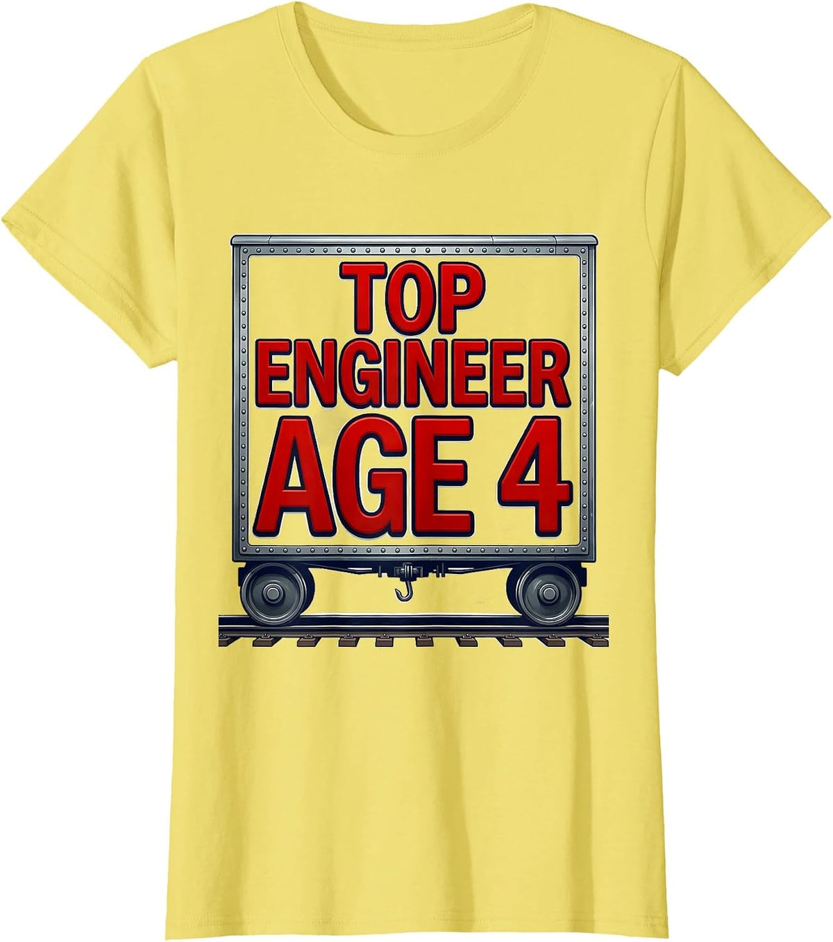 Top Engineer Age 4 Bold Toddler Train Birthday Party Humor T-Shirt - Lemon Yellow