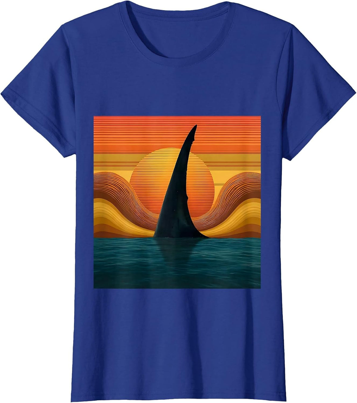 Women's Shark Fin Sunset Ocean Hawaiian Graphic T-Shirt - Royal Blue