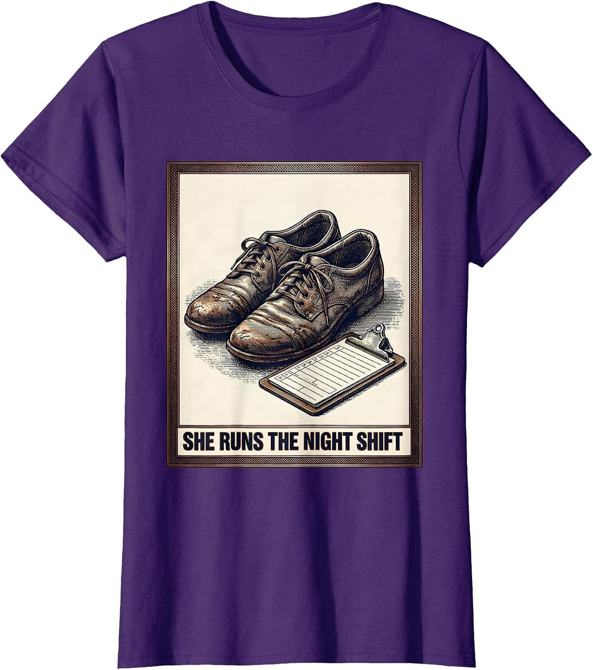 Women's She Runs The Night Shift Crosshatch Etching Nurse Humor T-Shirt - Purple
