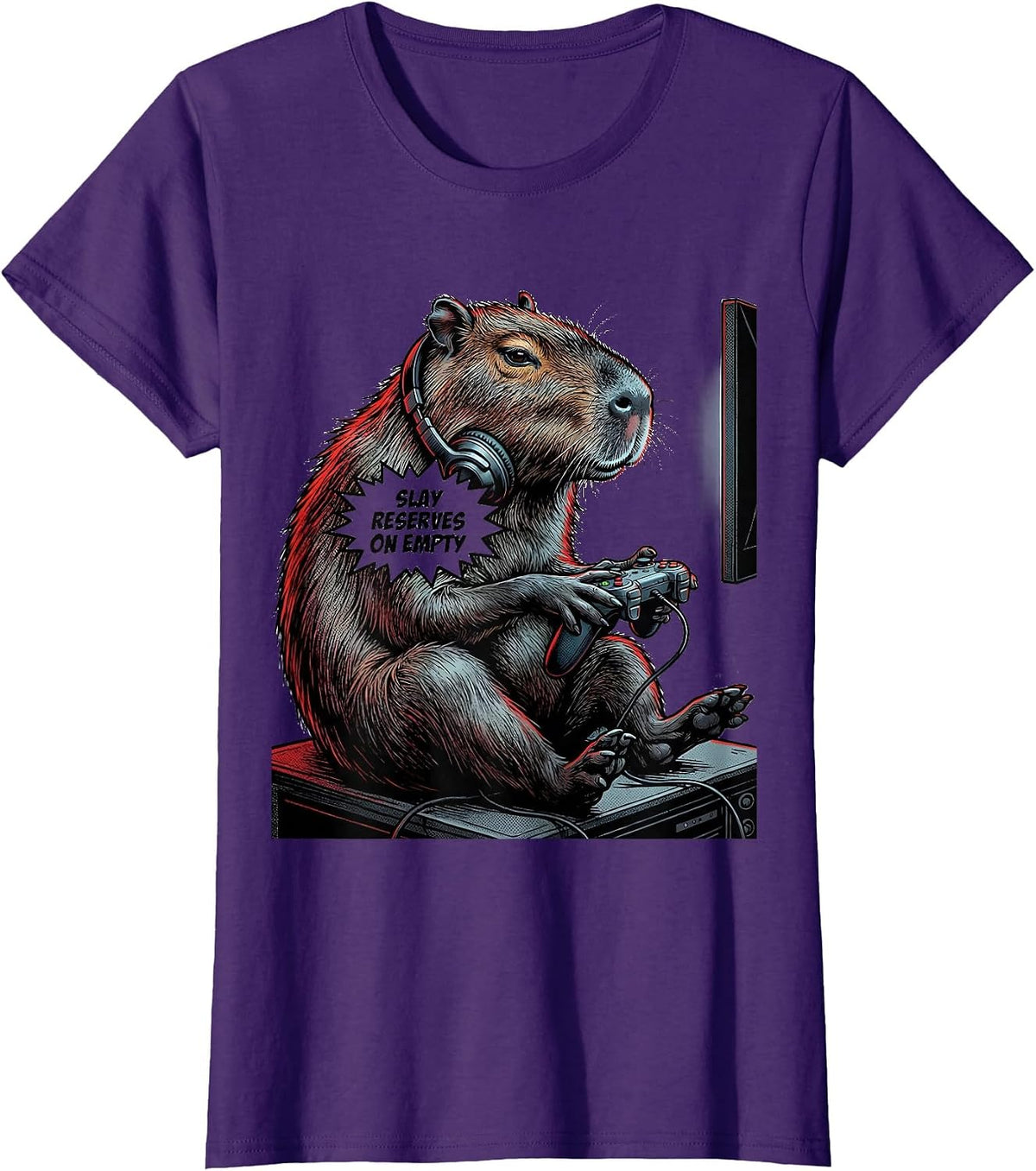 Women's Slay Reserves On Empty Comic Book Capybara Gamer Meme Humor T-Shirt - Purple