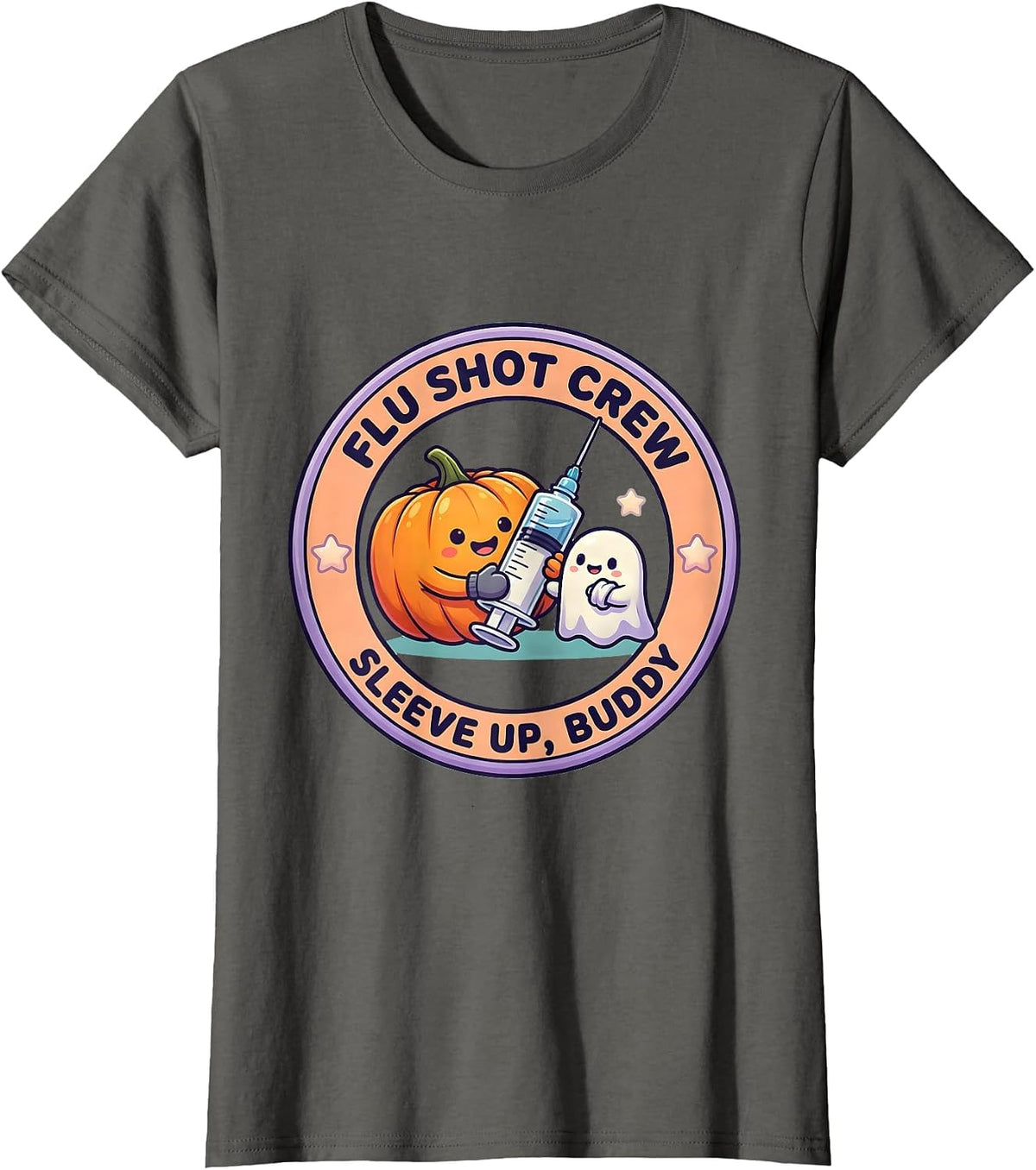 Women's Flu Shot Crew Sleeve Up Buddy Cute Kawaii Halloween Nurse T-Shirt - Asphalt Grey