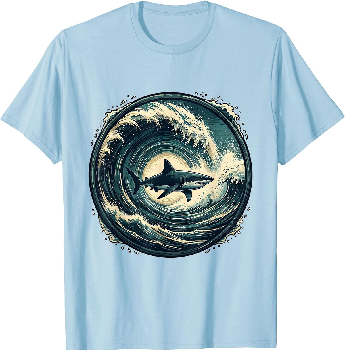 Men's Shark Silhouette Crashing Wave Barrel Graphic T-Shirt - Baby Blue