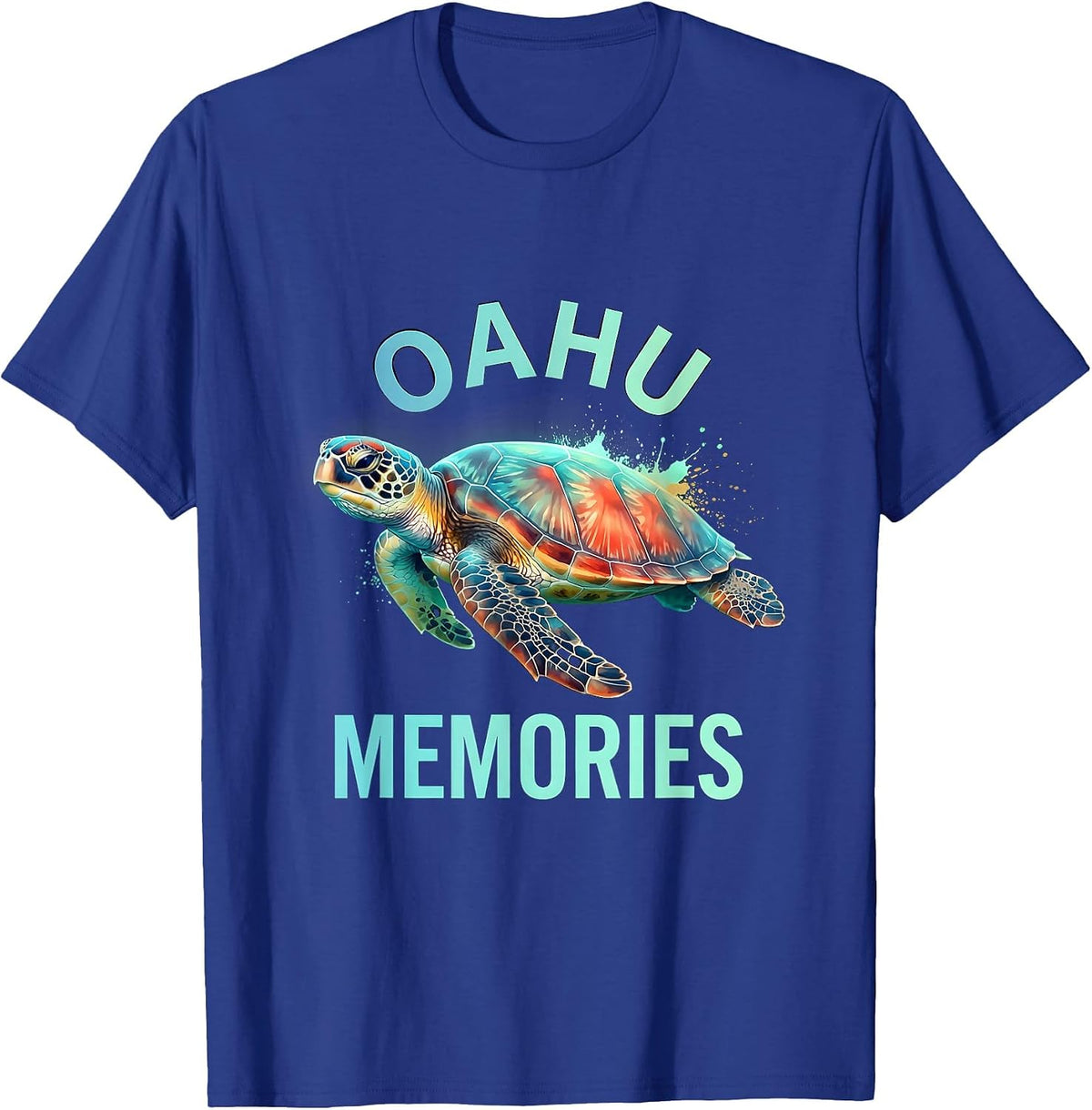 Oahu Memories Watercolor Sea Turtle Design T-Shirt - Royal Blue
