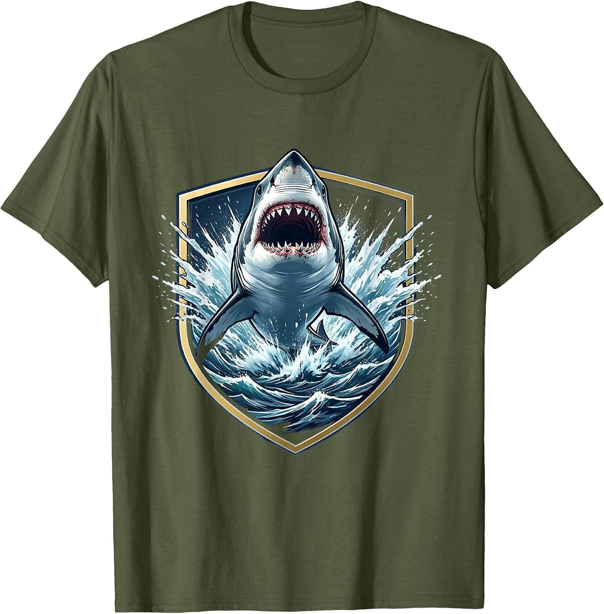Shark Night Ocean Burst Anime Graphic T-Shirt - Olive Green
