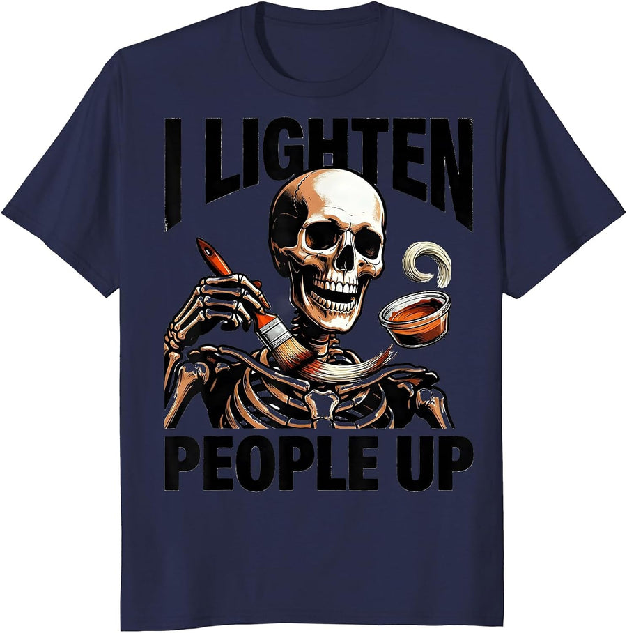 I Lighten People Up Funny Skeleton Hairstylist Barber T-Shirt - Navy Blue