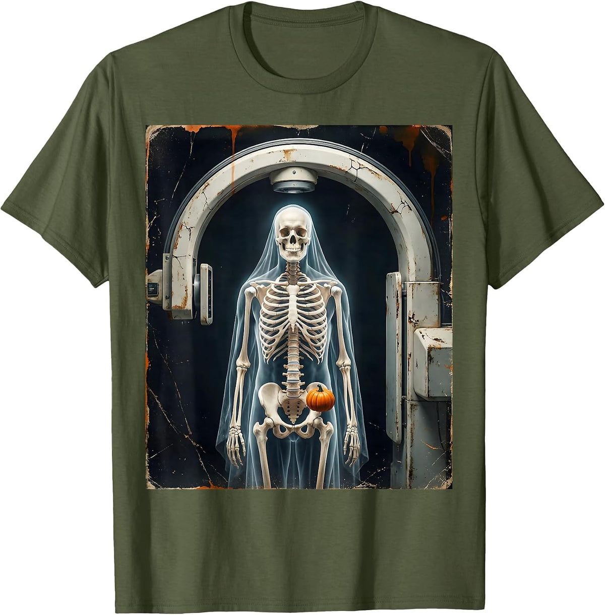 Men's Fluoroscopy Ghost Skeleton Halloween Radiology Tech T-Shirt - Olive Green