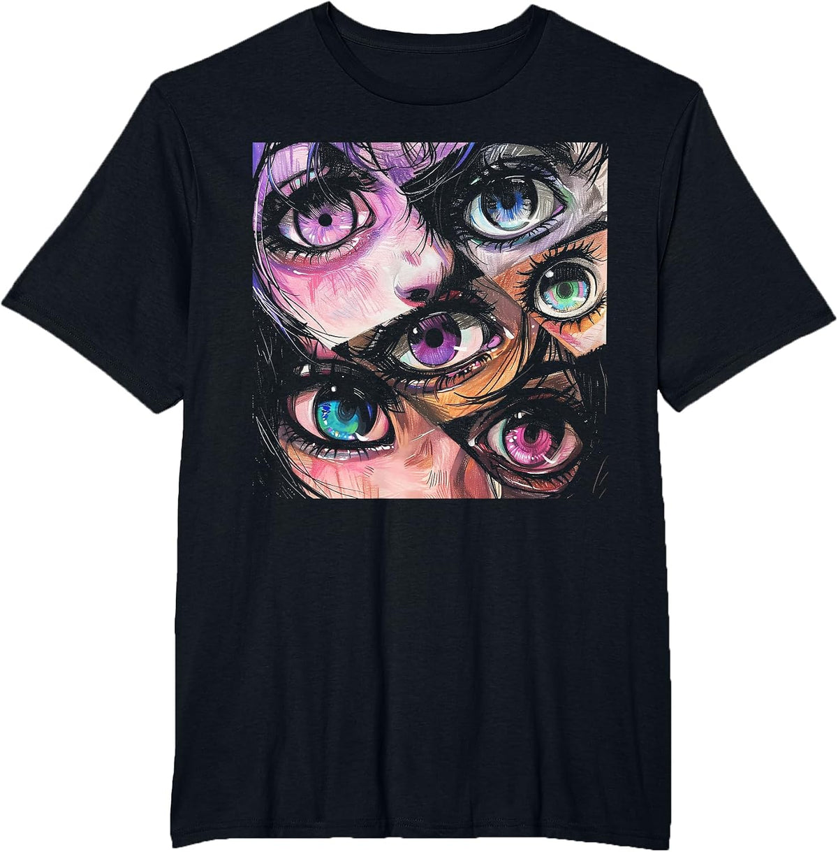 Anime Eyes Art Otaku Pastel Waifu Pink Grunge Alt Aesthetic T-Shirt - Black