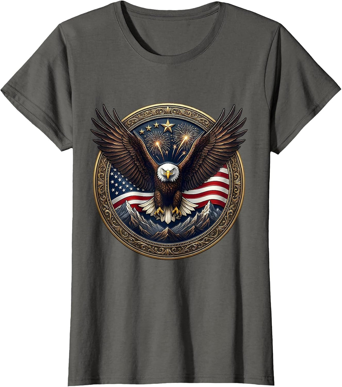 Women's Red White and Blue Bald Eagle Mountain Peak T-Shirt - Asphalt Grey