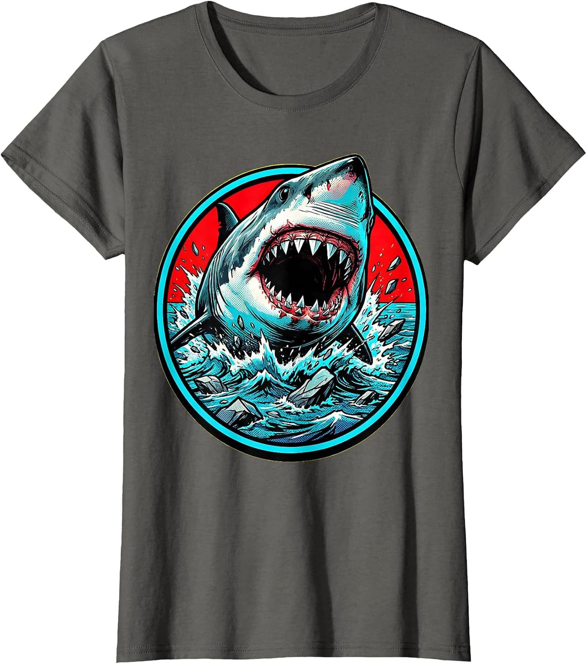 Women's Great White Shark Ocean Burst Graphic Tee T-Shirt - Asphalt Grey