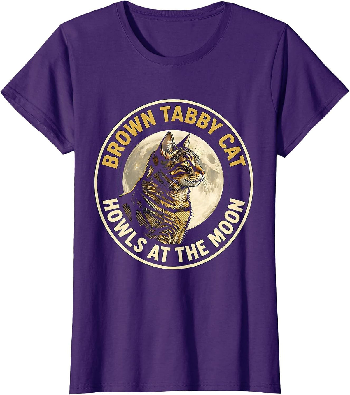 Women's Brown Tabby Cat Howls at the Moon 90s Retro Novelty T-Shirt - Purple