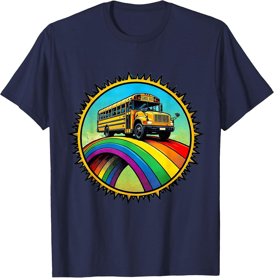 Kids College School Bus Over Rainbow Bridge T-Shirt - Navy Blue