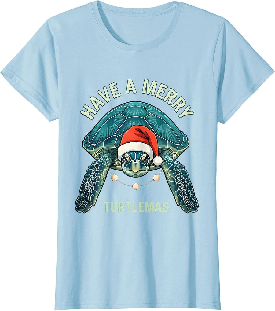 Women's Have A Merry Turtlemas Whimsical Sea Turtle Christmas Santa T-Shirt - Baby Blue