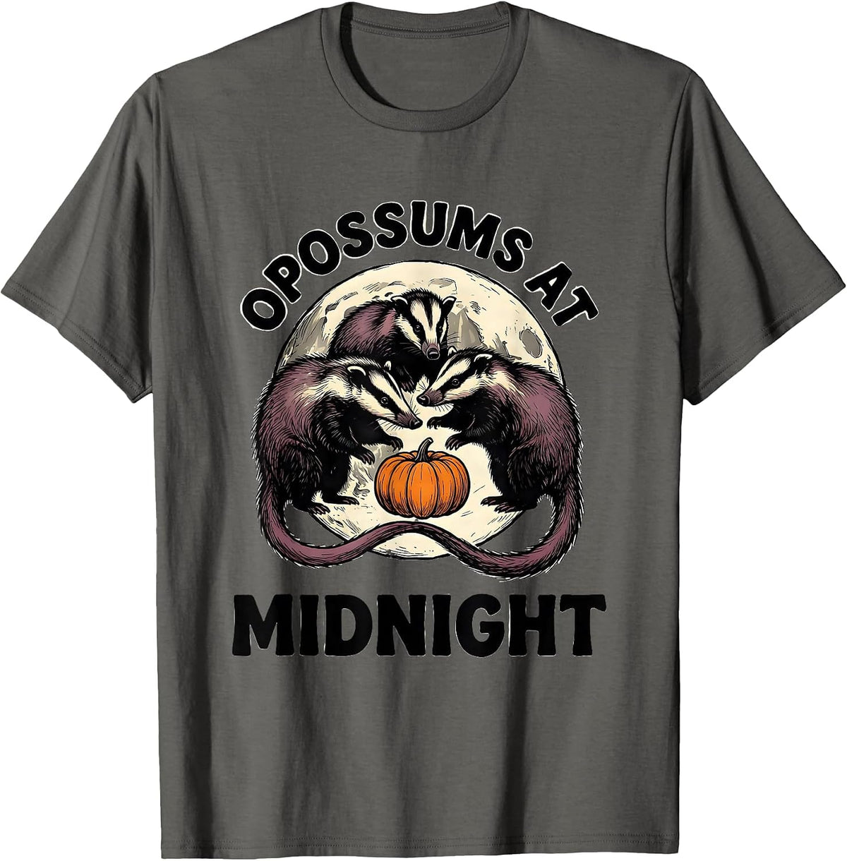 Opossums At Midnight Vintage Gothic Halloween Spooky Moon T-Shirt - Asphalt Grey