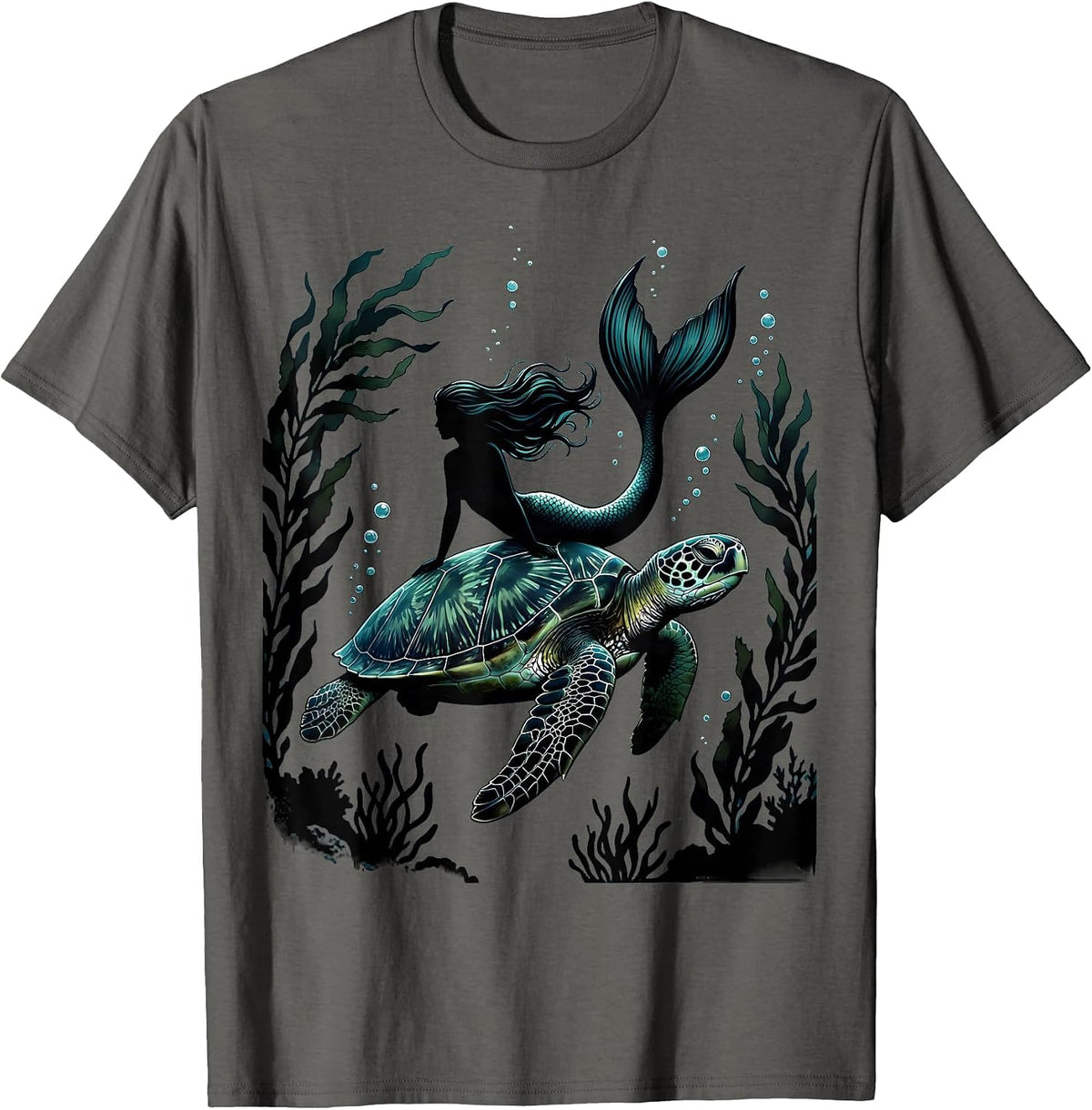 Mermaid Riding Giant Sea Turtle Underwater Art T-Shirt - Asphalt Grey