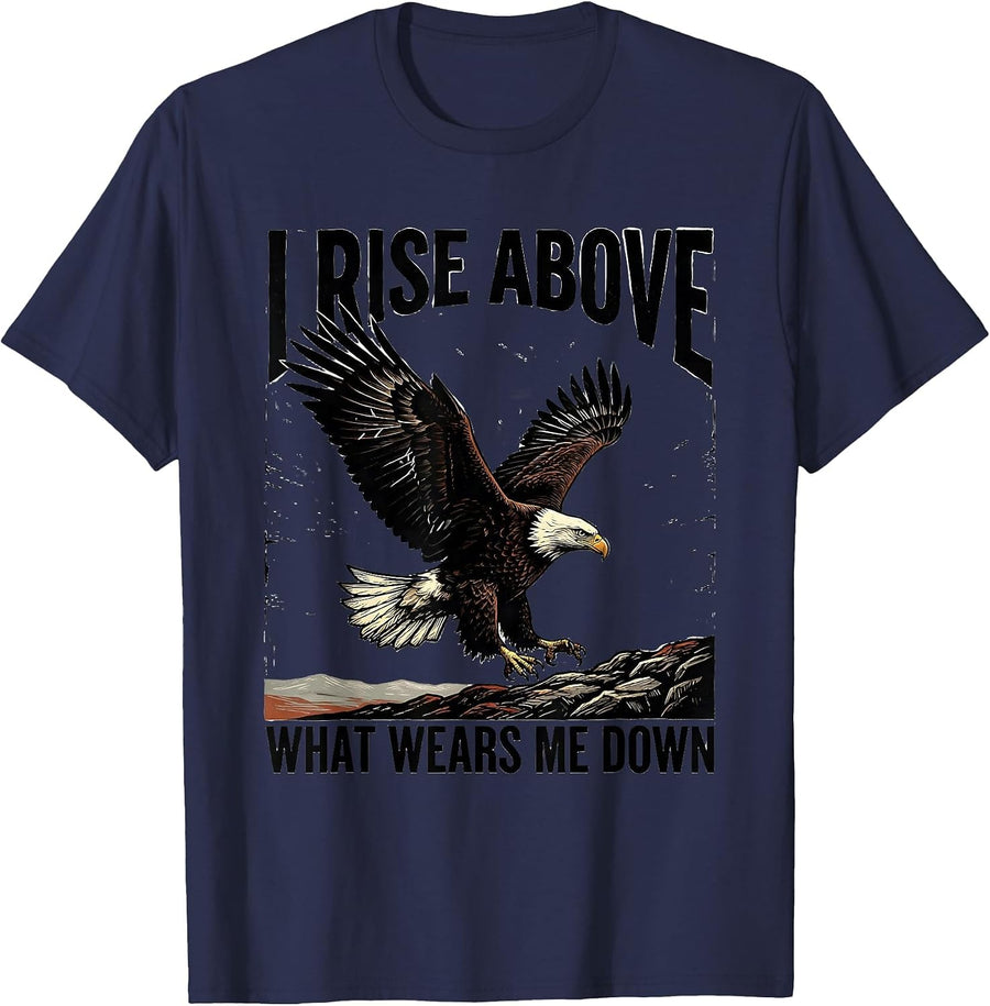 I Rise Above What Wears Me Down Linocut Eagle Wildlife Art T-Shirt - Navy Blue