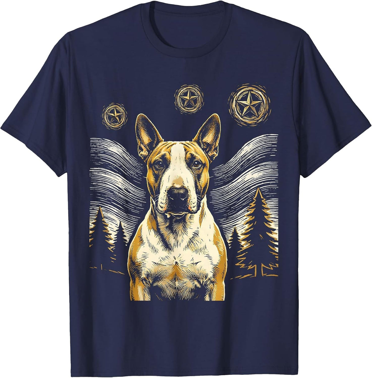 Men's Bull Terrier Dog Van Gogh Style Starry Night Graphic T-Shirt - Navy Blue