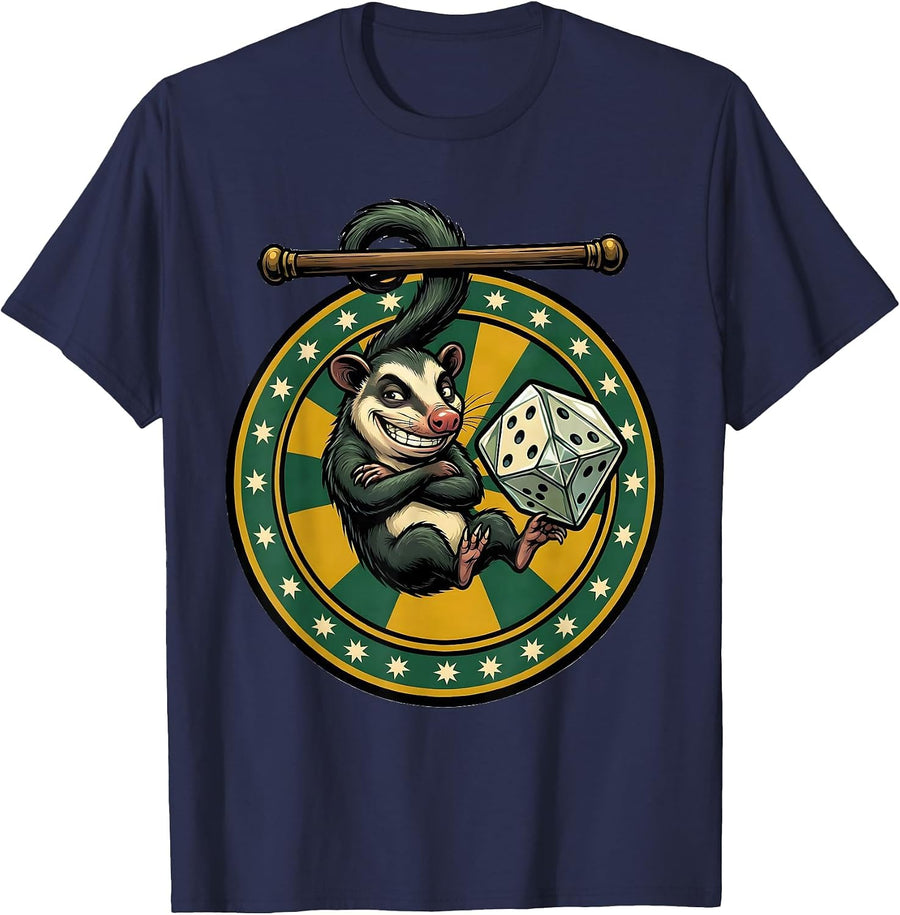 Cartoon Opossum Twenty-Sided Die Meme Humor T-Shirt - Navy Blue