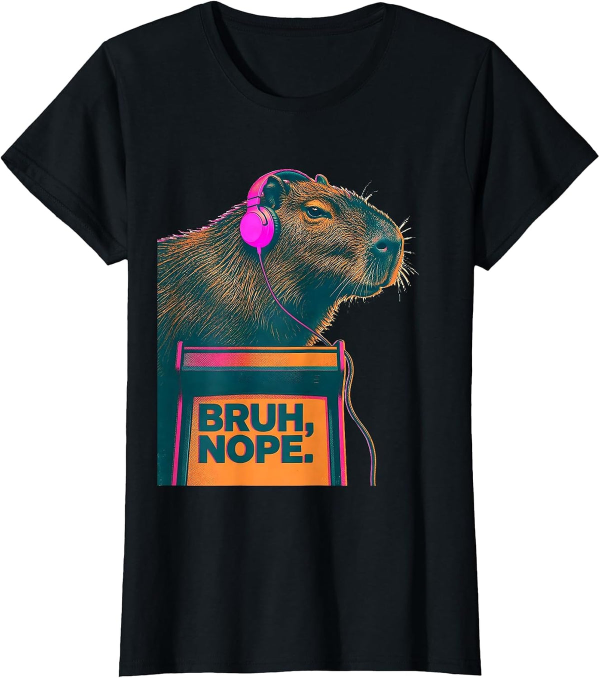 Women's Bruh Nope Risograph Capybara Gamer Meme Humor T-Shirt - Black