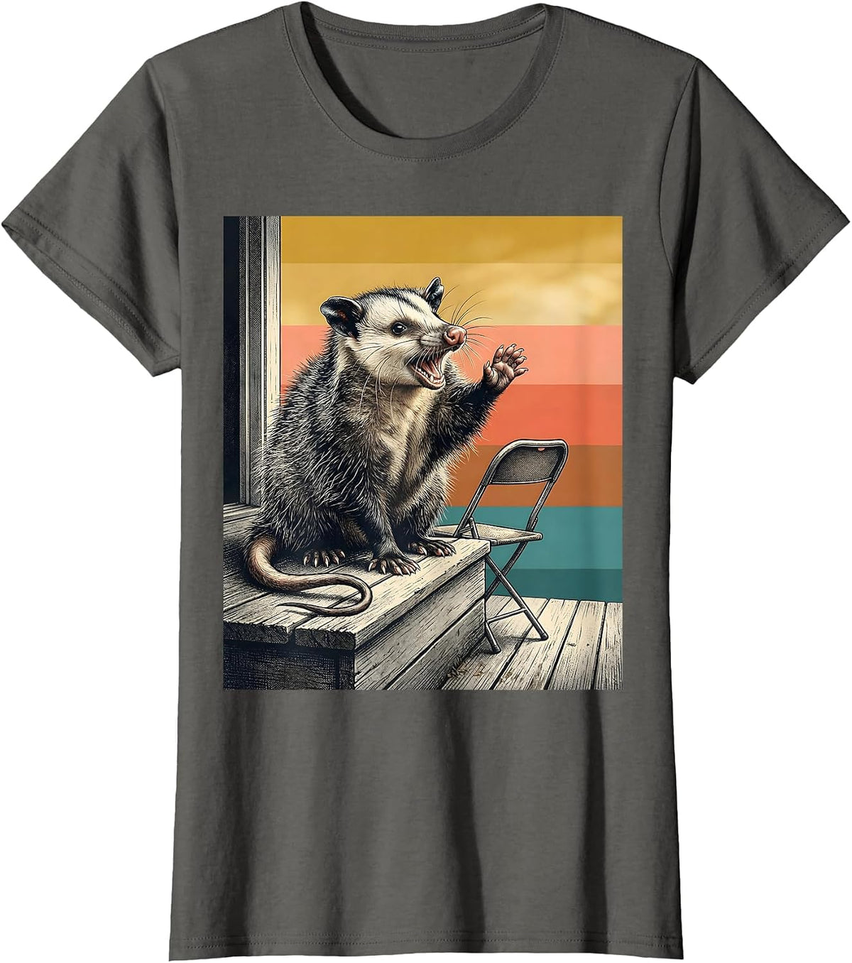 Women's Primly Seated Opossum Deadpan Humor Possum Lover T-Shirt - Asphalt Grey