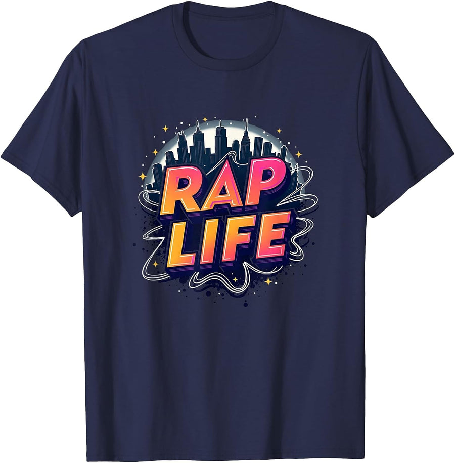 Hip Hop Rap Life Urban Skyline Music Culture Graphic T-Shirt - Navy Blue