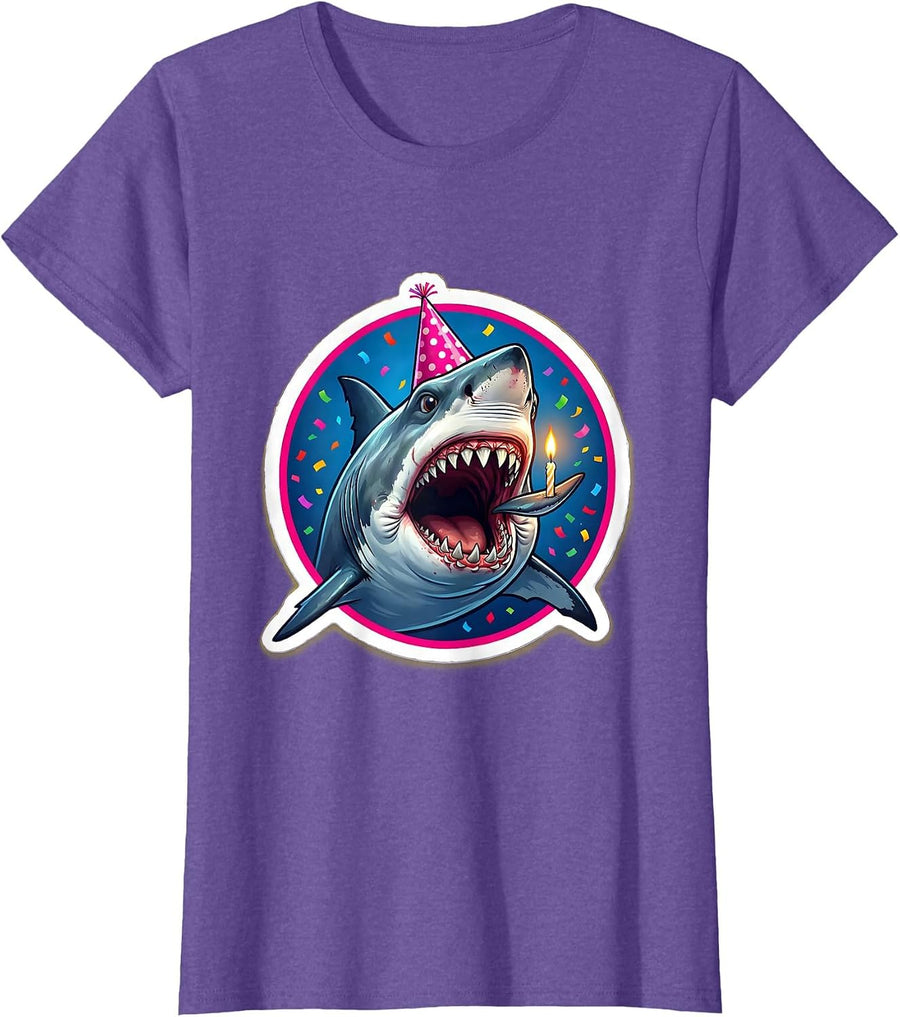 Funny Birthday Shark Blowing Out Candle T-Shirt - Purple Heather