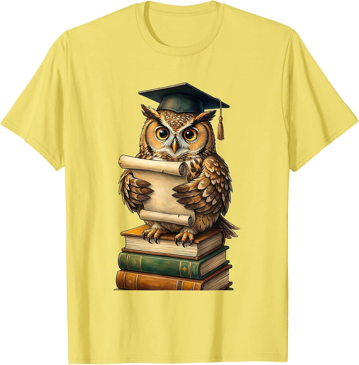 Men's Owl Graduation Cap Reading Scroll Teacher Gift T-Shirt - Lemon Yellow