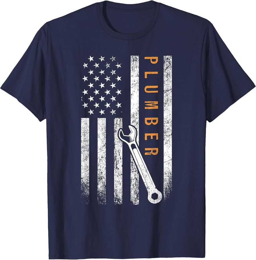 Plumber American Flag Design Plumbing T-Shirt - Navy Blue