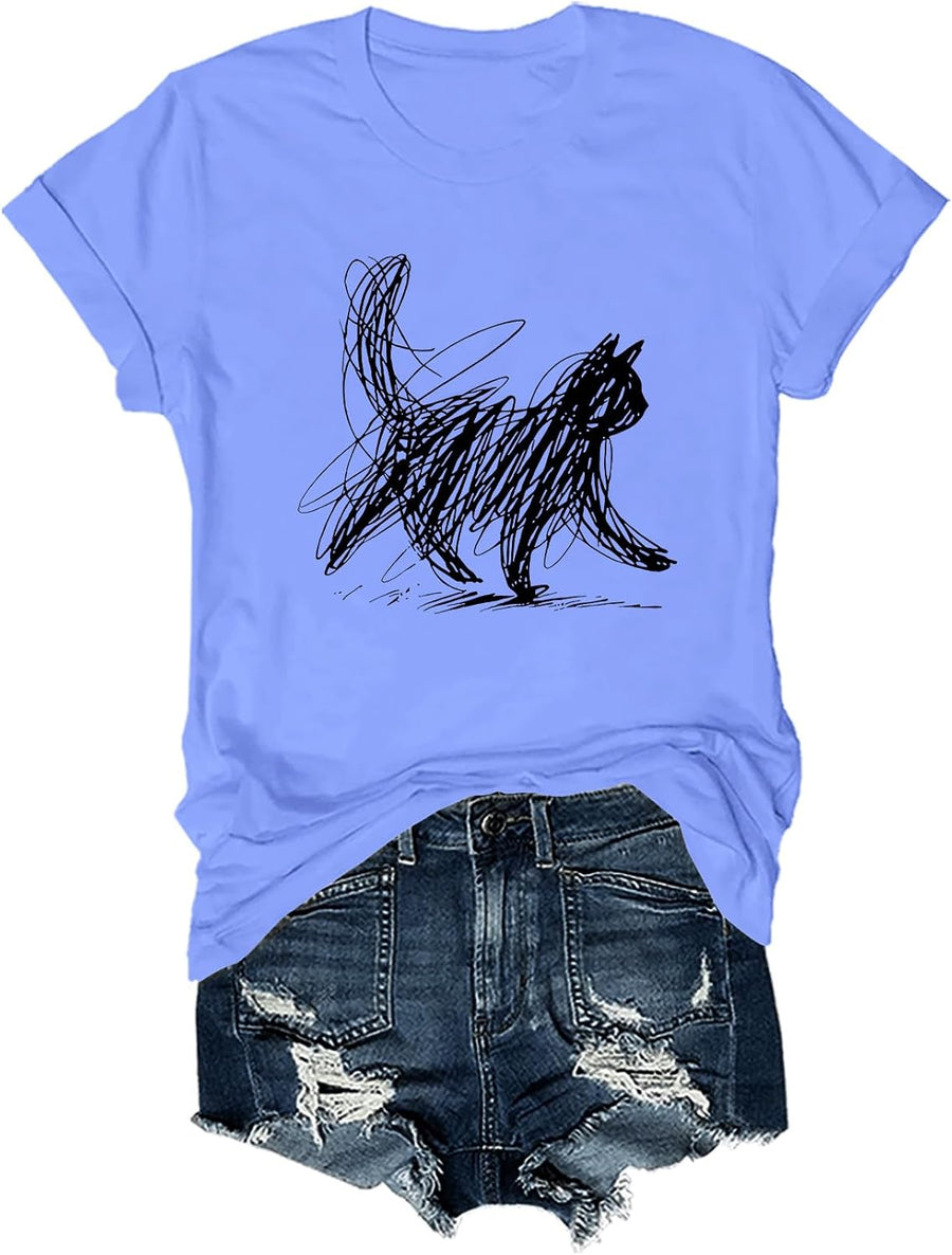Abstract Scribble Cat Shirt Abstract Scribble Cat T-Shirt Short Sleeve Adult for Women Men - Crewneck Carolina Blue