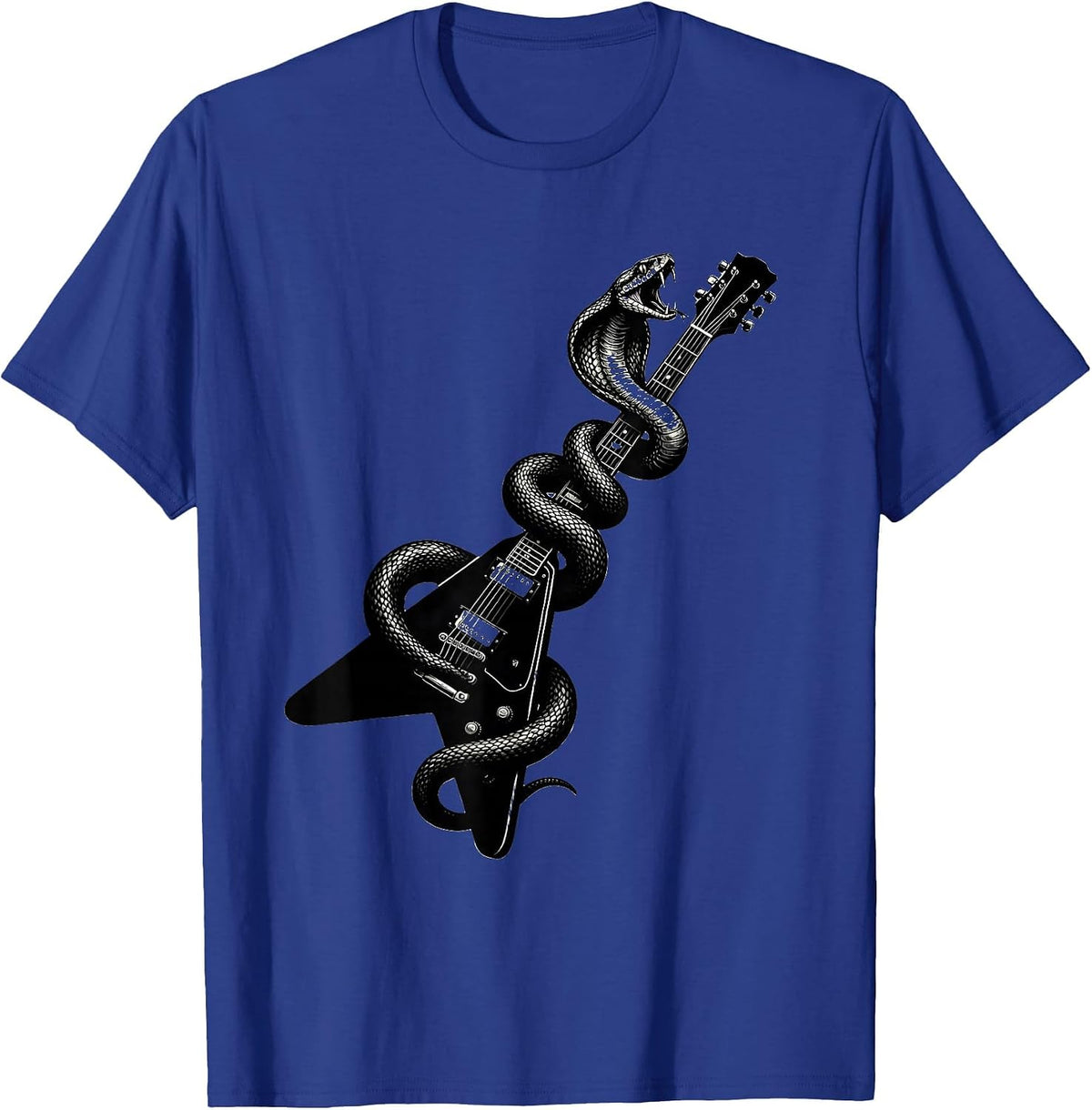 Snake Coiled Around Flying-V Guitar Rock Design T-Shirt - Royal Blue