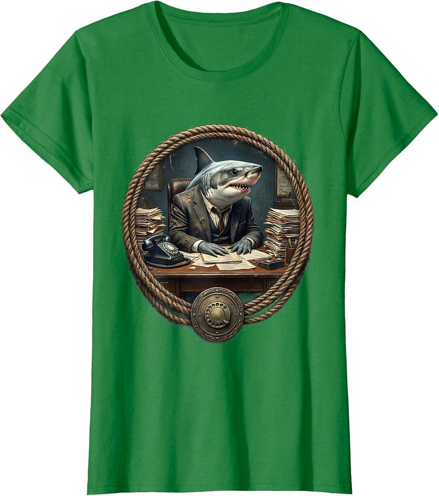 Women's Shark in a Business Suit Office Funny Graphic T-Shirt - Kelly Green