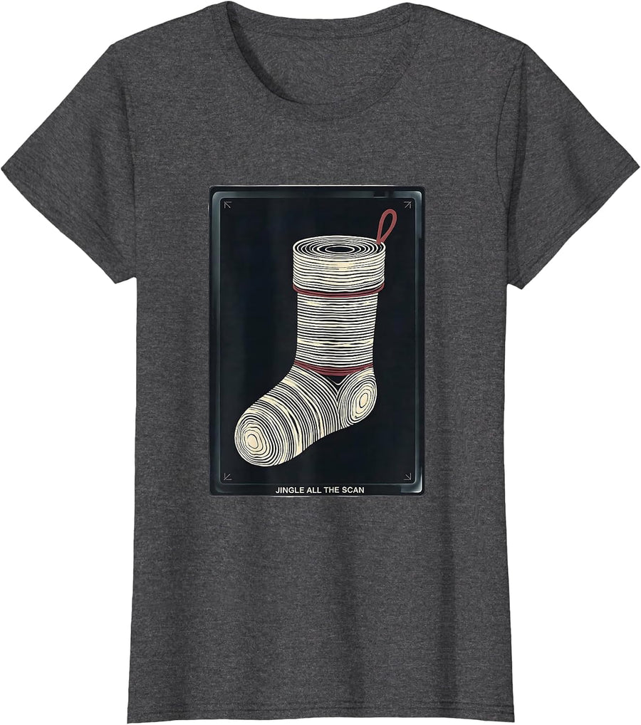Women's Jingle All The Scan Radiology Tech Christmas Skeleton Humor T-Shirt - Dark Heather Grey