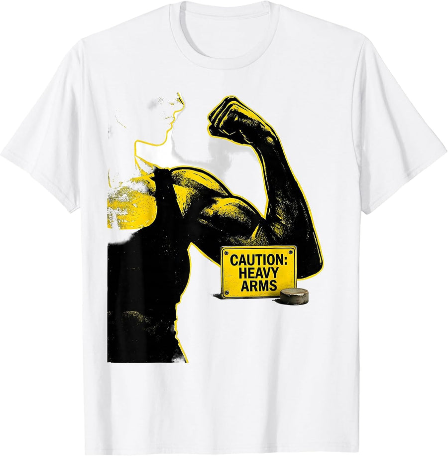 Men's Caution: Heavy Arms Funny Muscle Gym Graphic Weightlifter T-Shirt - White