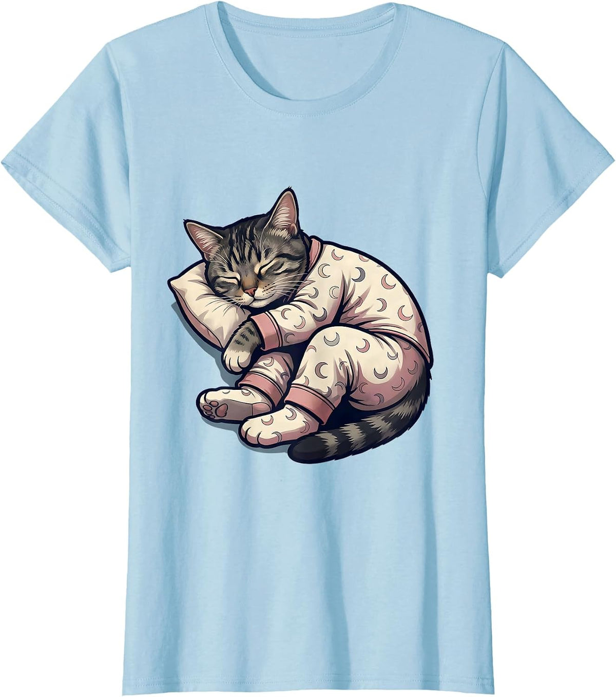 Sleepy Tabby Cat Cartoon Cute Cozy Pajama T-Shirt - Baby Blue