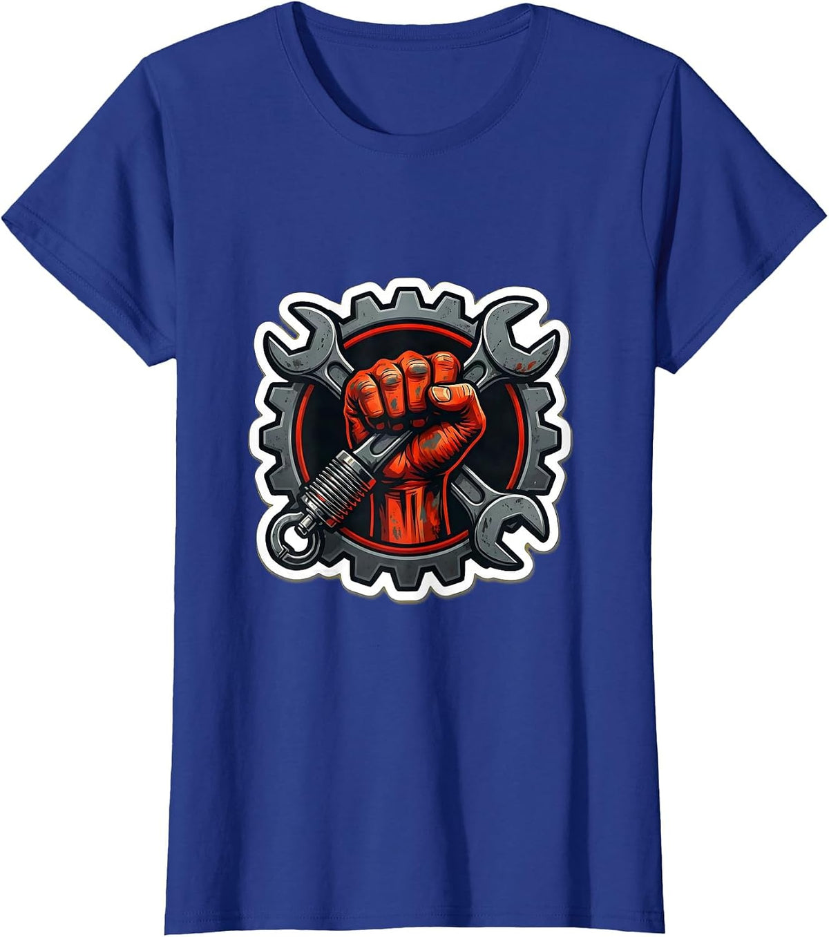 Women's Mechanic Wrench and Spark Plug Graphic Tee T-Shirt - Royal Blue