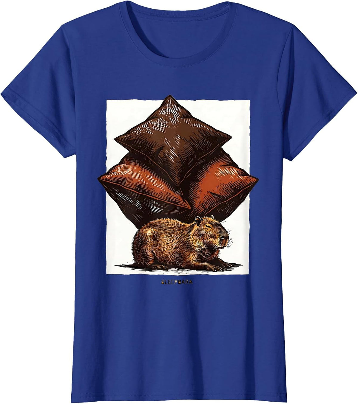 Women's Sleepbara Cute Capybara Sleep Lover Linocut Novelty T-Shirt - Royal Blue