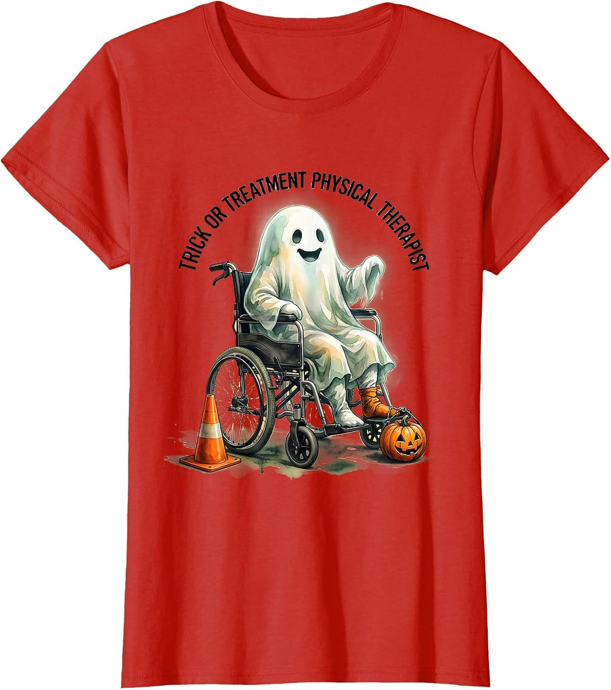 Women's Trick Or Treatment Physical Therapist Funny Ghost Halloween T-Shirt - Red