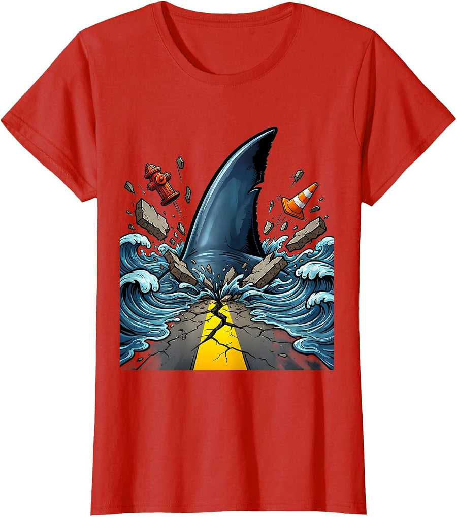 Women's Shark Fin City Street Weird Graphic Tee T-Shirt - Red