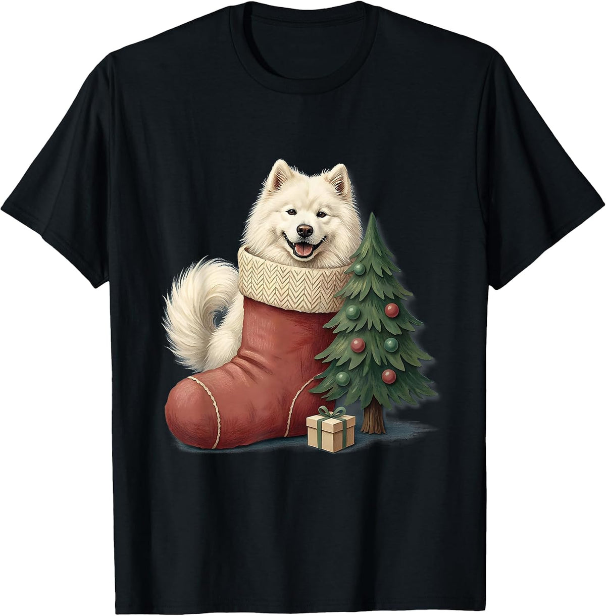 Men's Samoyed In Stocking Storybook Christmas Dog Lover Gift T-Shirt - Black