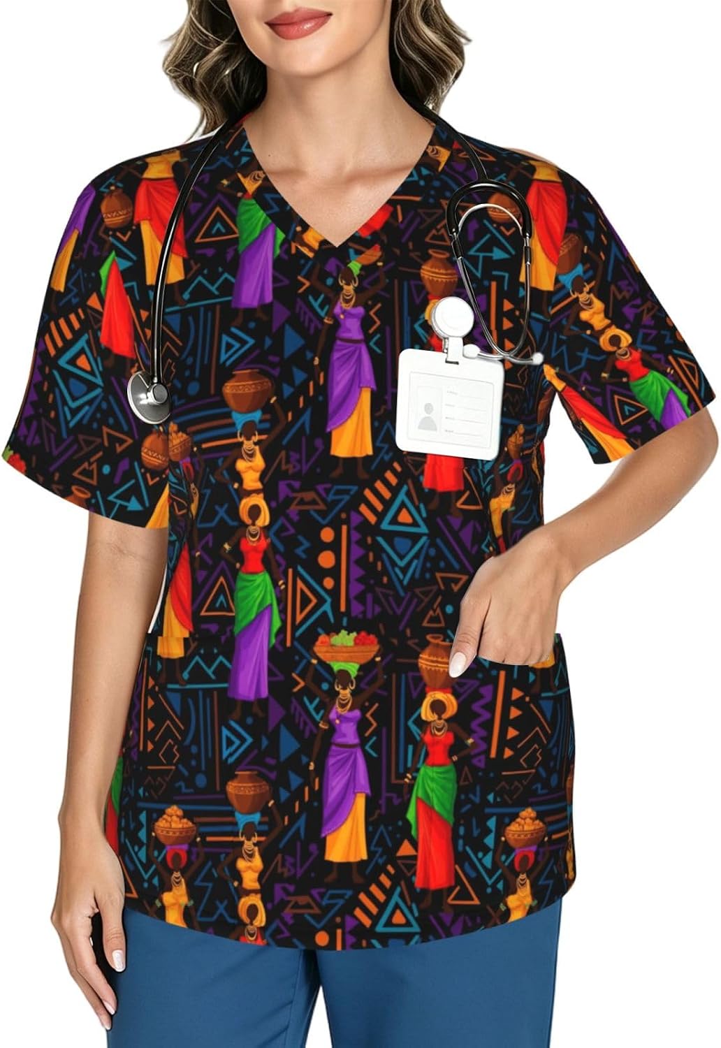 Supdreamc Women's V Neck Scrub Top Short Sleeve Practical Nursing Workwear - Pattern (649)